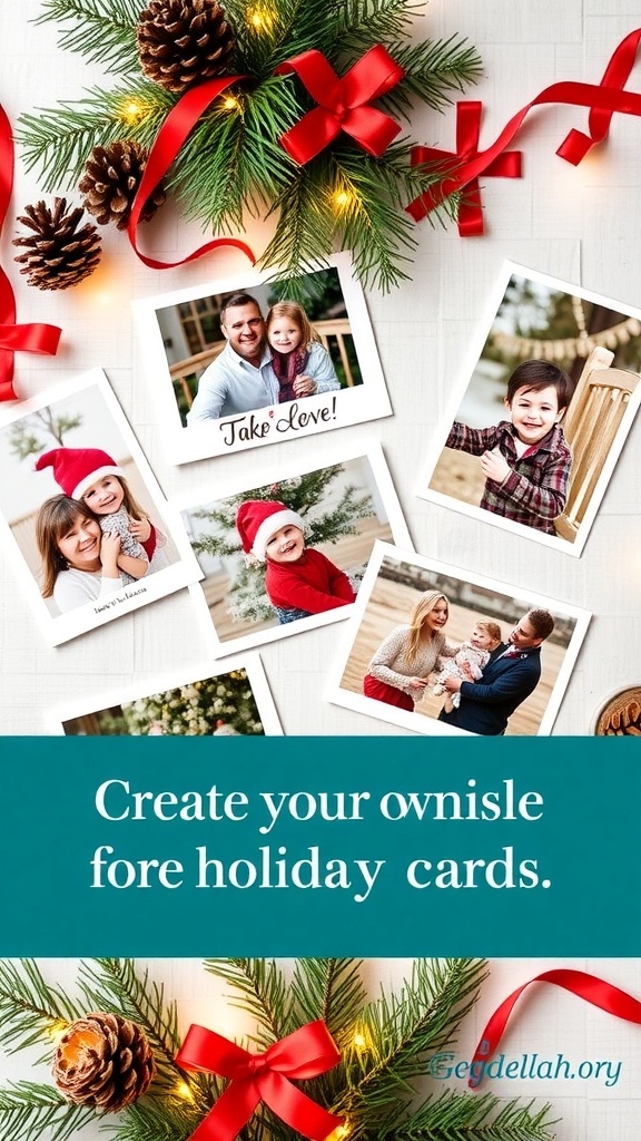 A collection of colorful Christmas photo cards on a festive table with decorations.